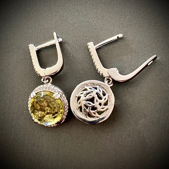 Natural Top Yellow Lemon Quartz White Gold Plated Sterling Earrings - Picture 1 of 7